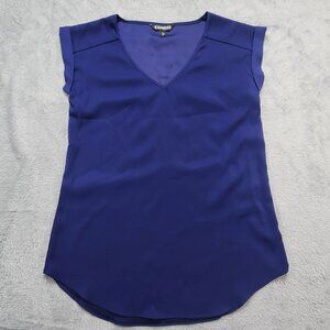 Express Womens Blouse XS Navy Blue V-Neck Short Sleeve Rolled Cuff Stretch Top